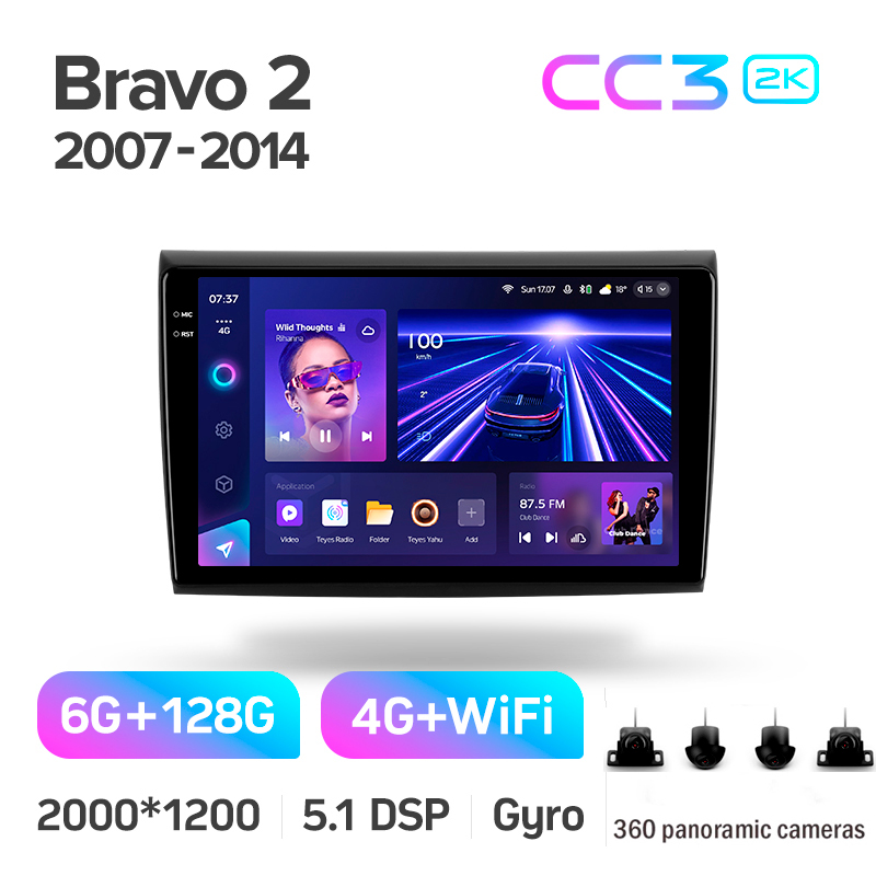 Android head unit Teyes CC3 6+128 Gb with 360° surround view° Fiat Bravo 198 2 II 2007-2014 9" 2k (L1)