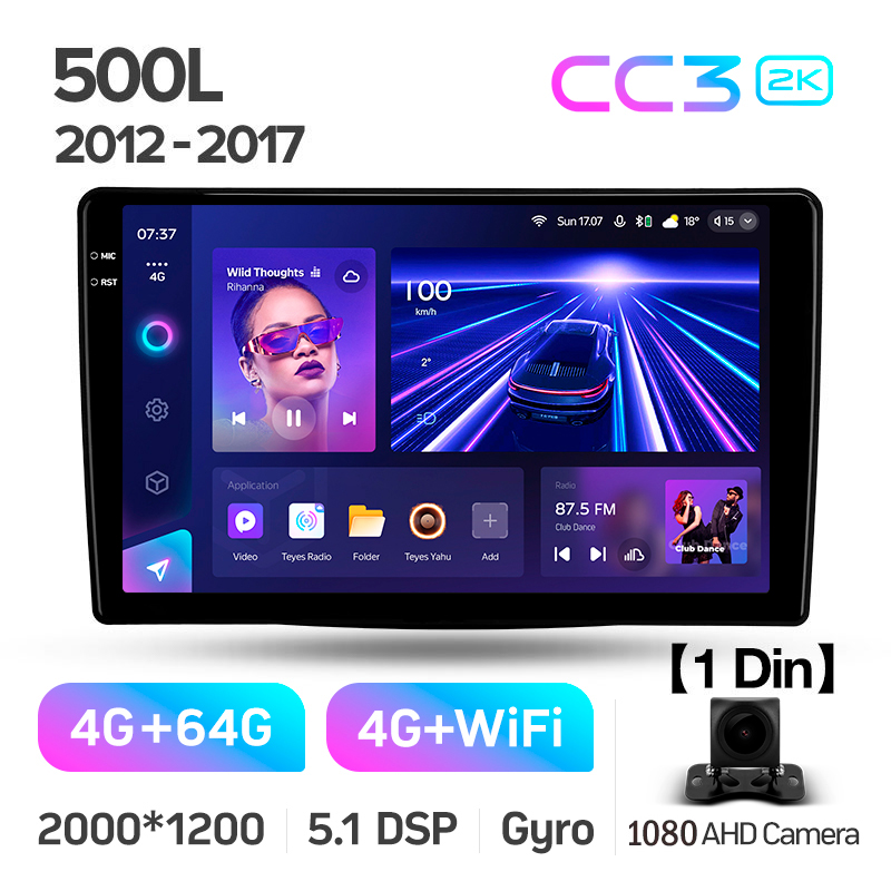 Android head unit Teyes CC3 4+64 Gb Fiat 500L (1 Din) 2012-2017 10" 1din 2k (L1)