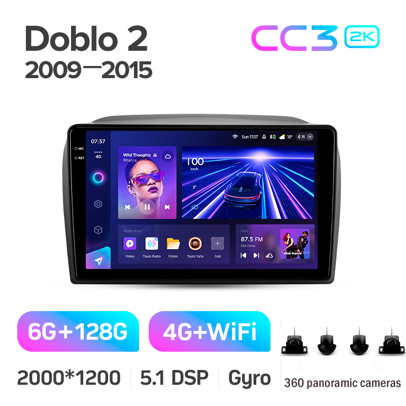 Android head unit Teyes CC3 6+128 Gb with 360° surround view° Fiat Doblo 2 II 263 2009-2015 9" 2k (L1)