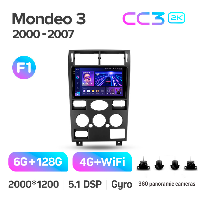 Magazynowa odtwarzacz multimedialny Teyes CC3 6+128 GB z panoramicznym wyświetlaczem 360° do Ford Mondeo 3 (2000–2007, F1), 9 cali, 2K.