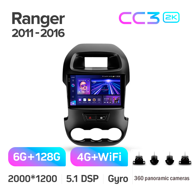 Android head unit Teyes CC3 6+128 Gb with 360° surround view° Ford Ranger (F2) 2011-2016 9" 2k