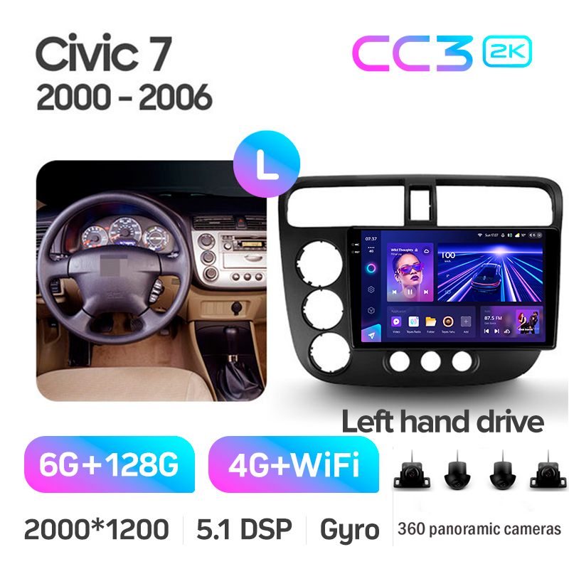 Android head unit Teyes CC3 6+128 Gb with 360° surround view° Honda Civic 7 2000-2006 9" 2k