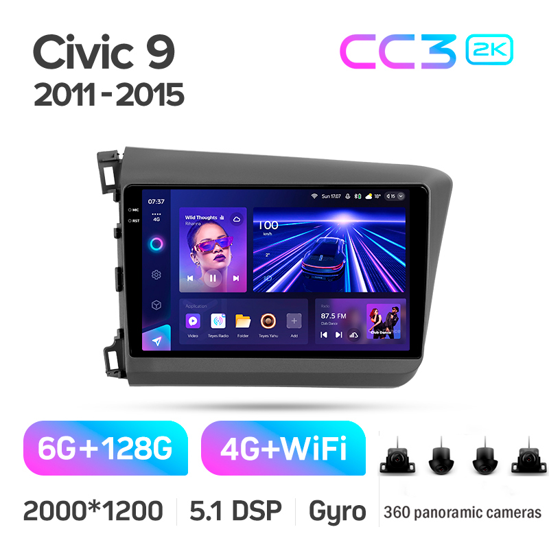 Android head unit Teyes CC3 6+128 Gb with 360° surround view° Honda Civic 9 FB FK FD 2011-2015 9" 2k