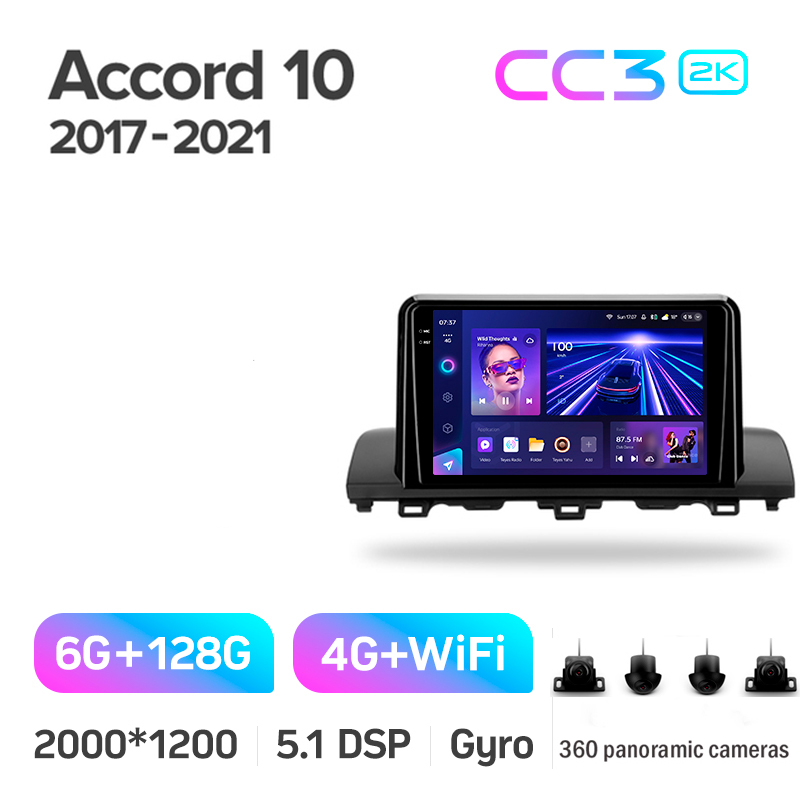 Android head unit Teyes CC3 6+128 Gb with 360° surround view° Honda Accord 10 CV X 2017 - 2021 (A) 9" 2k