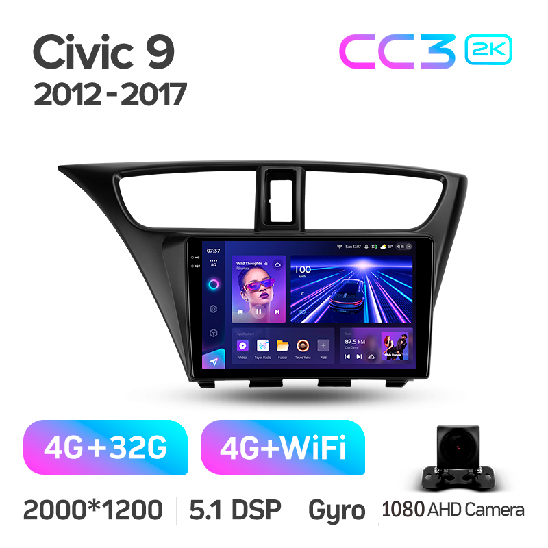 Štátní magnetofon Teyes CC3 4+32 GB pro Honda Civic 9 (9F, 9FK, 9FB) 2012–2017, 9 palců, 2K.