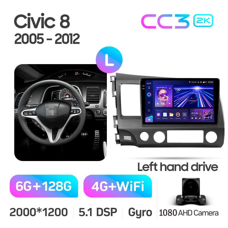 Android head unit Teyes CC3 6+128 Gb Honda Civic 8 FK FN FD 2005-2012 10" 2k