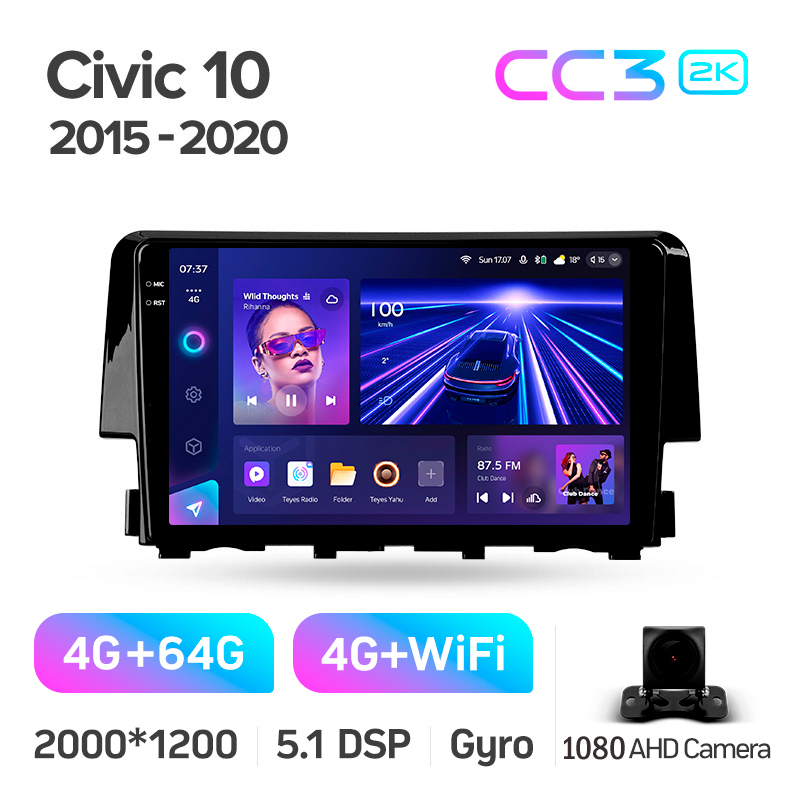 Android head unit Teyes CC3 4+64 Gb Honda Civic 10 FC FK 2015-2020 9" 2k