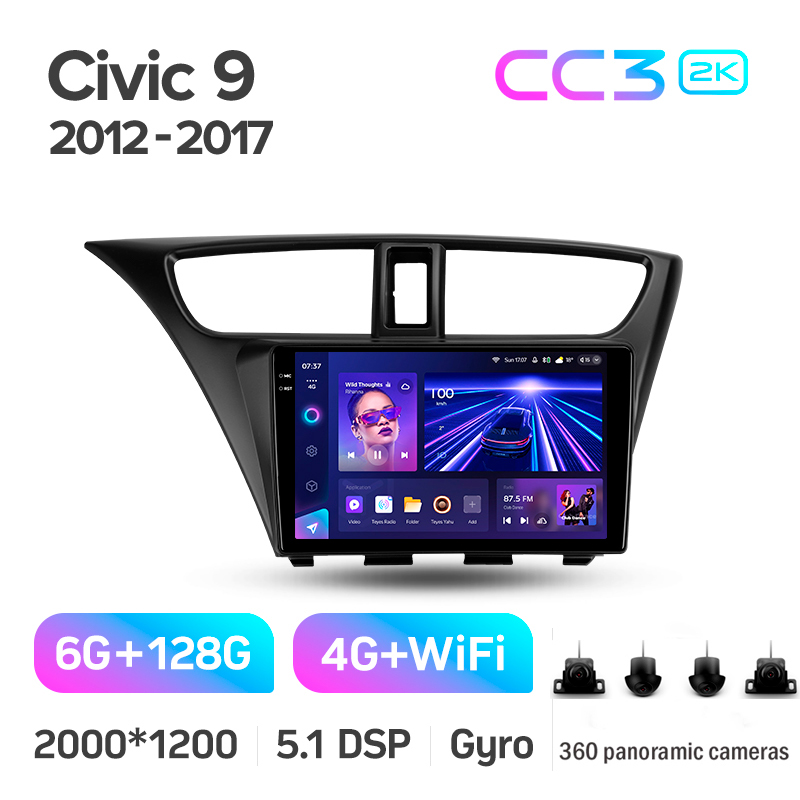 Android head unit Teyes CC3 6+128 Gb with 360° surround view° Honda Civic 9 FK FB 2012-2017 9" 2k