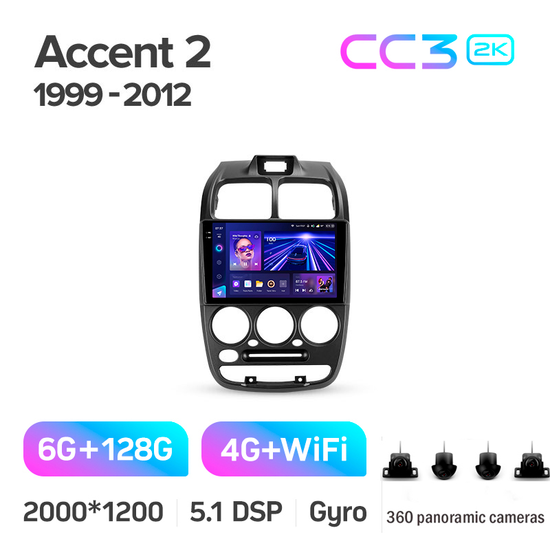 Android head unit Teyes CC3 6+128 Gb with 360° surround view° Hyundai Accent II 2 LC2 (F1) 1999-2012 9" 2k