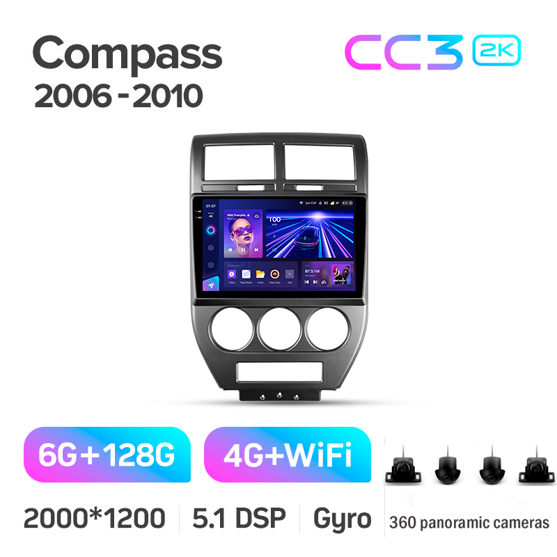 Android head unit Teyes CC3 6+128 Gb with 360° surround view° Jeep Compass 1 MK 2006-2010 10" 2k (L1)