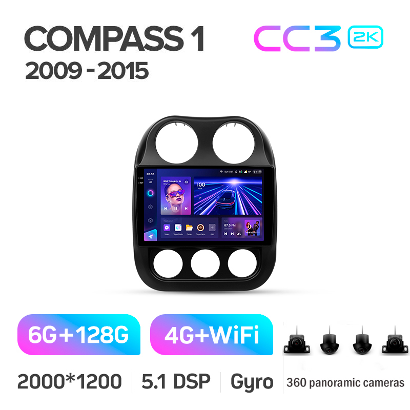Android head unit Teyes CC3 6+128 Gb with 360° surround view° Jeep Compass 1 MK 2009-2015 10" 2k