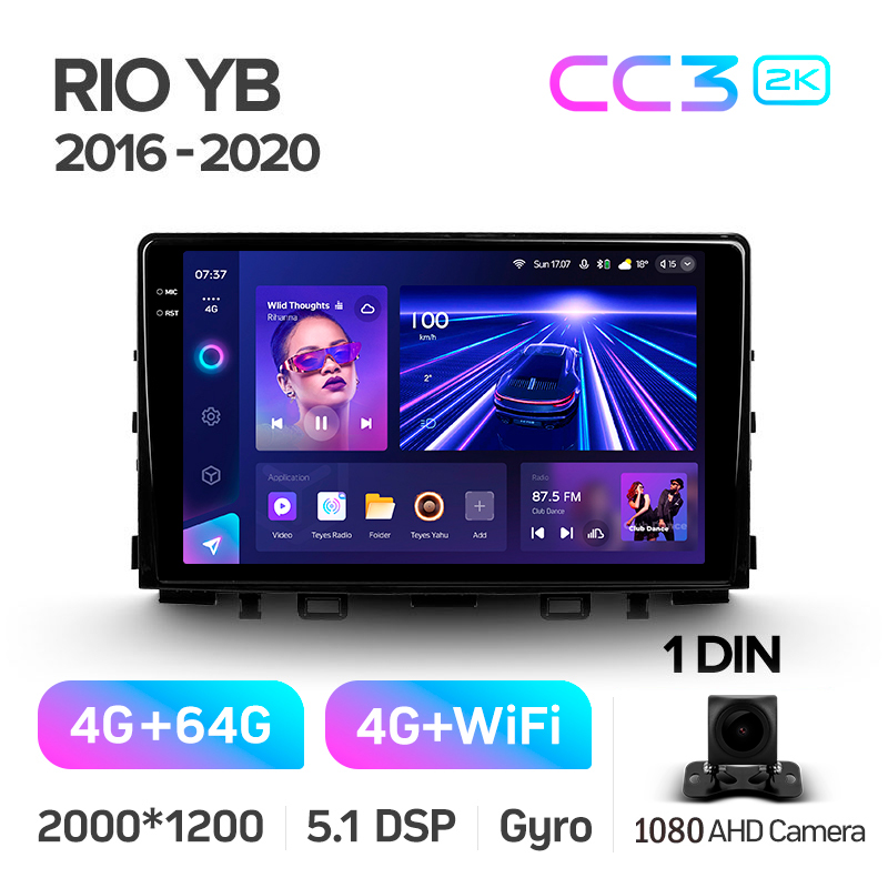 Android head unit Teyes CC3 4+64 Gb Kia RIO YB KX Cross (1 Din) 2016-2020 9" 1din 2k