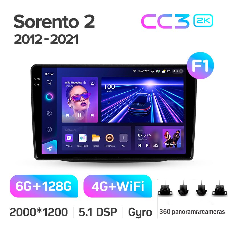 Android head unit Teyes CC3 6+128 Gb with 360° surround view° Kia Sorento 2 II XM 2012 - 2021 (F1) 9" 2k