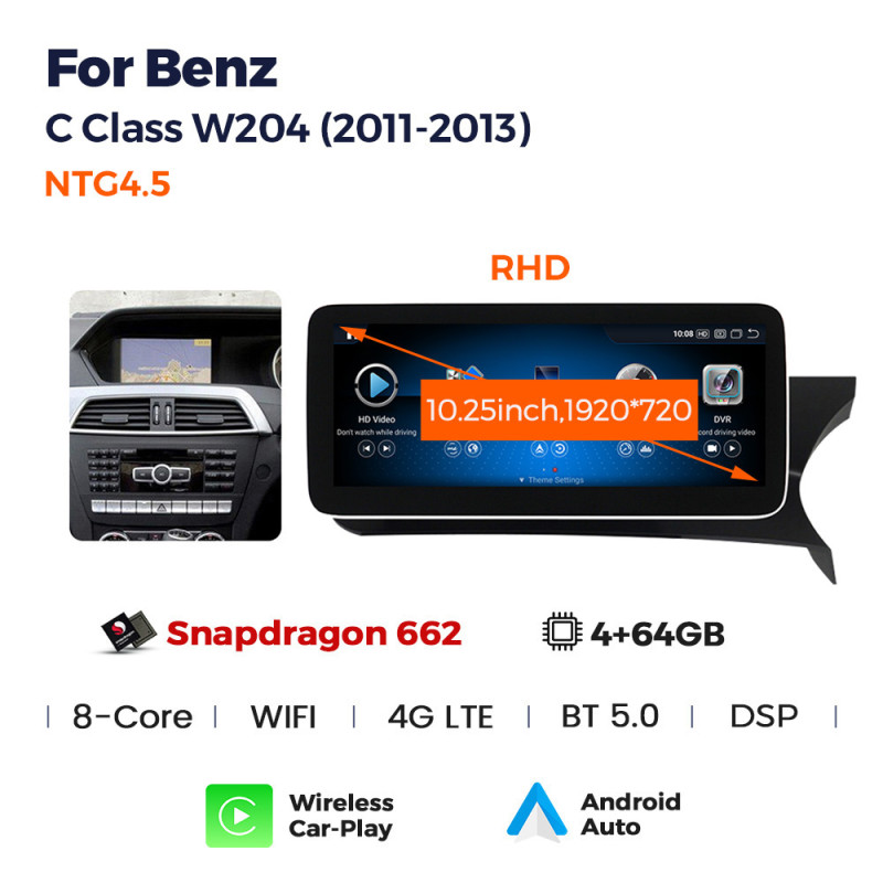 Android head unit AMS MERCEDES BENZ C-Class W204 NTG4.5 2011-2015 4+64Gb 10.25"