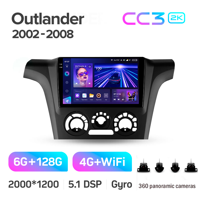 Android head unit Teyes CC3 6+128 Gb with 360° surround view° Mitsubishi Outlander 1 2002-2008 (F1) 9" 2k