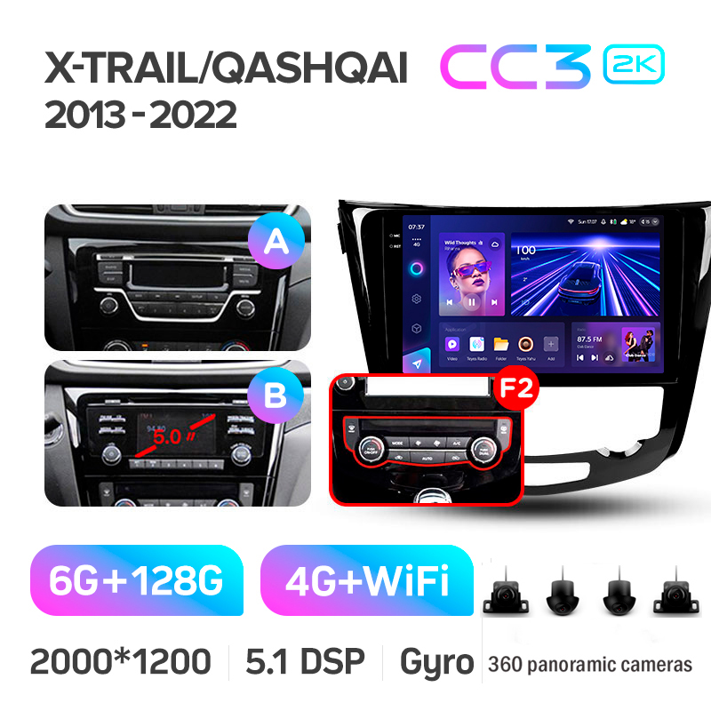 Štátní magnetofon Teyes CC3 6+128 GB s kruhovým pohledem 360° pro Nissan X-Trail X-Trail T32 (2013–2022, F2) s automatickým klimatizací (AB), 10