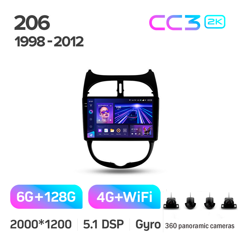 Android head unit Teyes CC3 6+128 Gb with 360° surround view° Peugeot 206 1998-2012 9" 2k (L1)