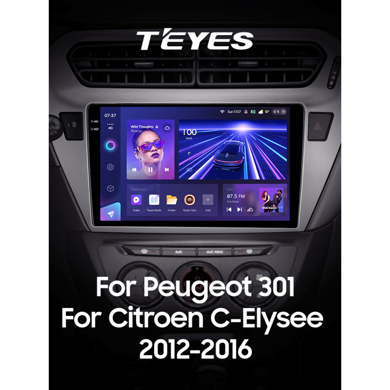 Štátní magnetofon Teyes CC3 4+64 GB pro Peugeot 301, Citroën C-Elysée (1 DIN) (2012–2016, F2), 9 palců, 2K.
