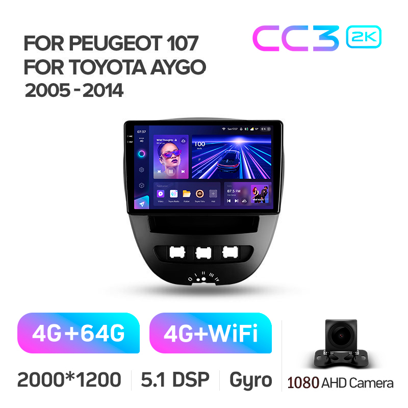 Android head unit Teyes CC3 4+64 Gb Peugeot 107 Toyota Aygo 2005-2014 10" 2k