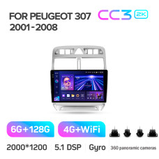Android head unit Teyes CC3 6+128 Gb with 360° surround view° Peugeot 307 1 2001-2008 9" 2k