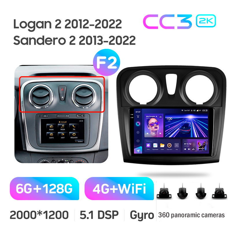 Android head unit Teyes CC3 6+128 Gb with 360° surround view° Renault Logan 2 2012-2022 Sandero 2 2013-2022 (F2) (A) 9" 2k