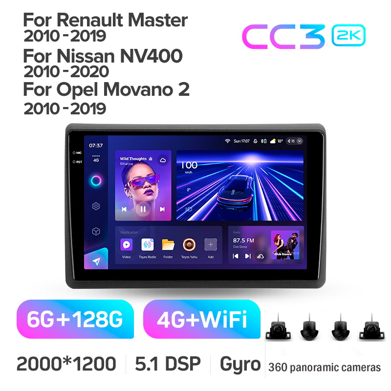 Android head unit Teyes CC3 6+128 Gb with 360° surround view° Renault Master 2010-2019 For Nissan NV400 2010-2020 For Opel Movano 2 2010-2019 (F1) 10" 2k