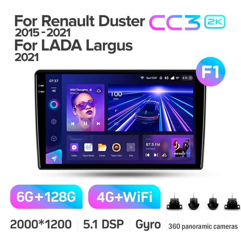 Android head unit Teyes CC3 6+128 Gb with 360° surround view° Renault Duster (F1) 2015-2021 / LADA Largus I 1 2021 9" 2k (L1)