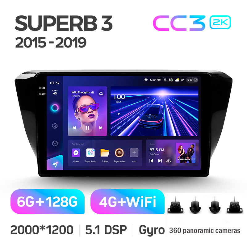 Android head unit Teyes CC3 6+128 Gb with 360° surround view° Skoda Superb 3 2015-2019 10" 2k
