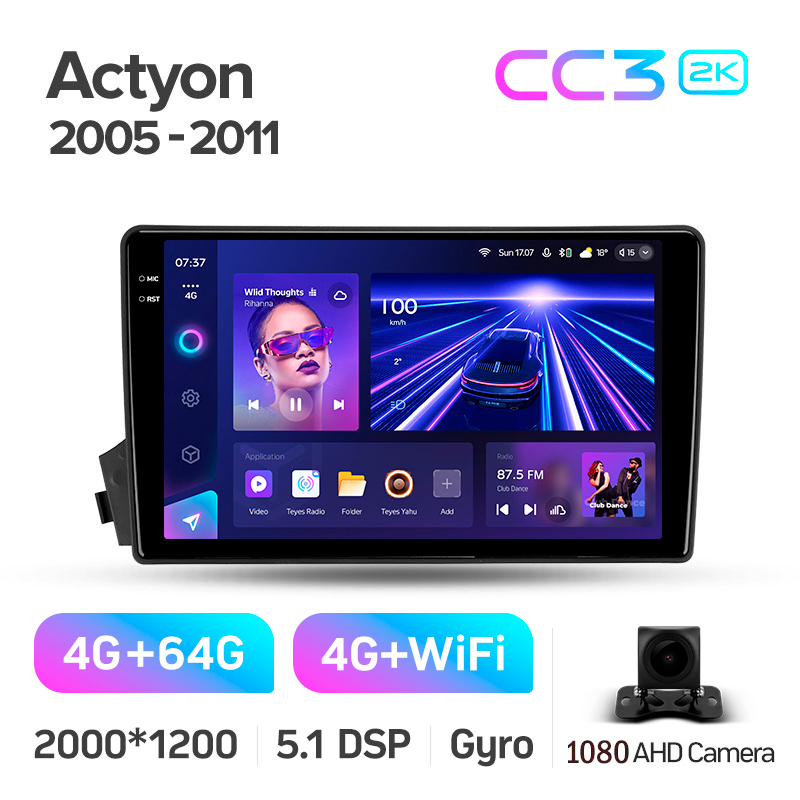 Android head unit Teyes CC3 4+64 Gb SsangYong Actyon C100 2005-2011 9" 2k