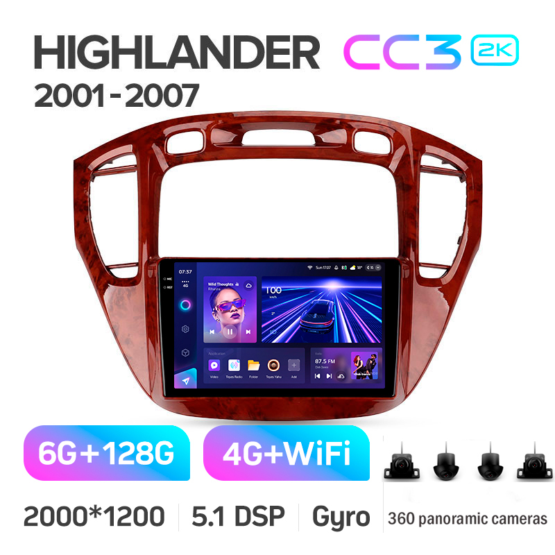 Android head unit Teyes CC3 6+128 Gb with 360° surround view° Toyota Highlander 1 XU20 2001-2007 9" 2k (L1)