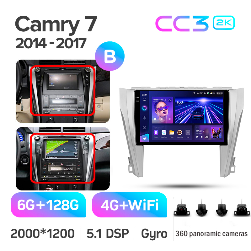Štátní magnetofon Teyes CC3 6+128 GB s kruhovým pohledem 360° pro Toyota Camry 7 XV 50 55 (2014–2017, B), 10
