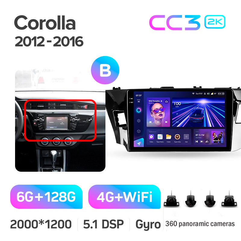 Android head unit Teyes CC3 6+128 Gb with 360° surround view° Toyota Corolla 11 2012-2016 (B) 10" 2k