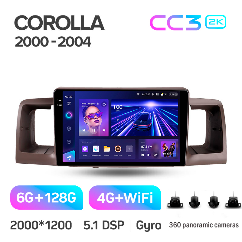 Android head unit Teyes CC3 6+128 Gb with 360° surround view° Toyota Corolla E130 E120 2000-2004 9" 2k