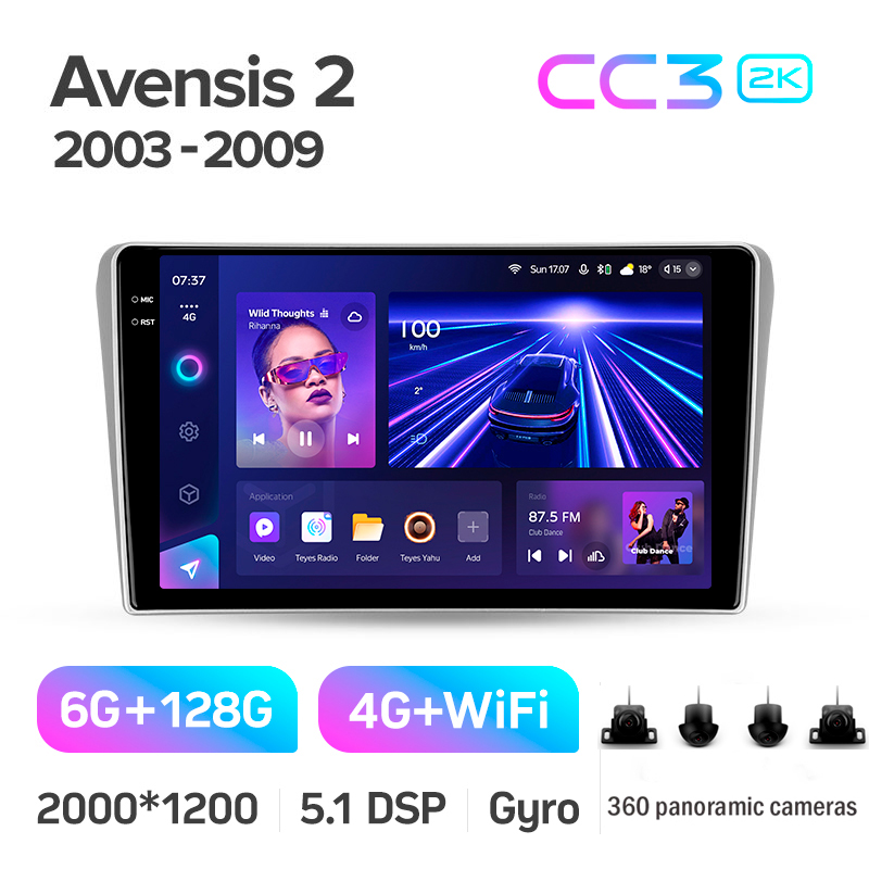 Android head unit Teyes CC3 6+128 Gb with 360° surround view° Toyota Avensis T250 2 II 2003-2009 9" 2k