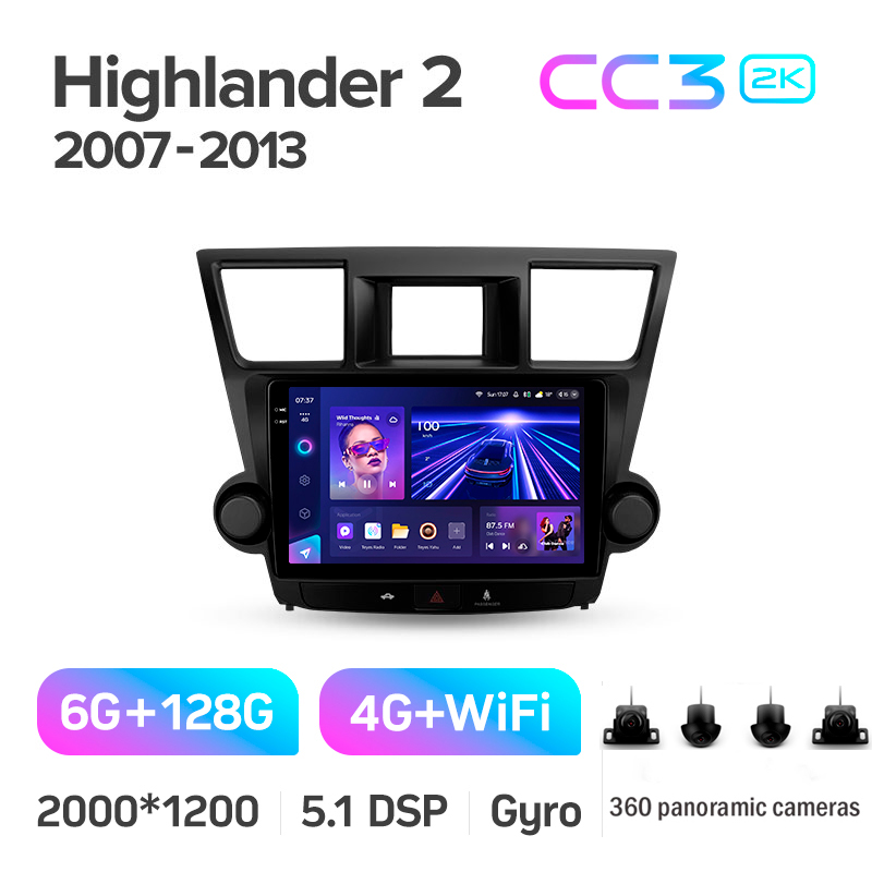 Android head unit Teyes CC3 6+128 Gb with 360° surround view° Toyota Highlander 2 XU40 2007-2013 (F2) 10" 2k (L1)