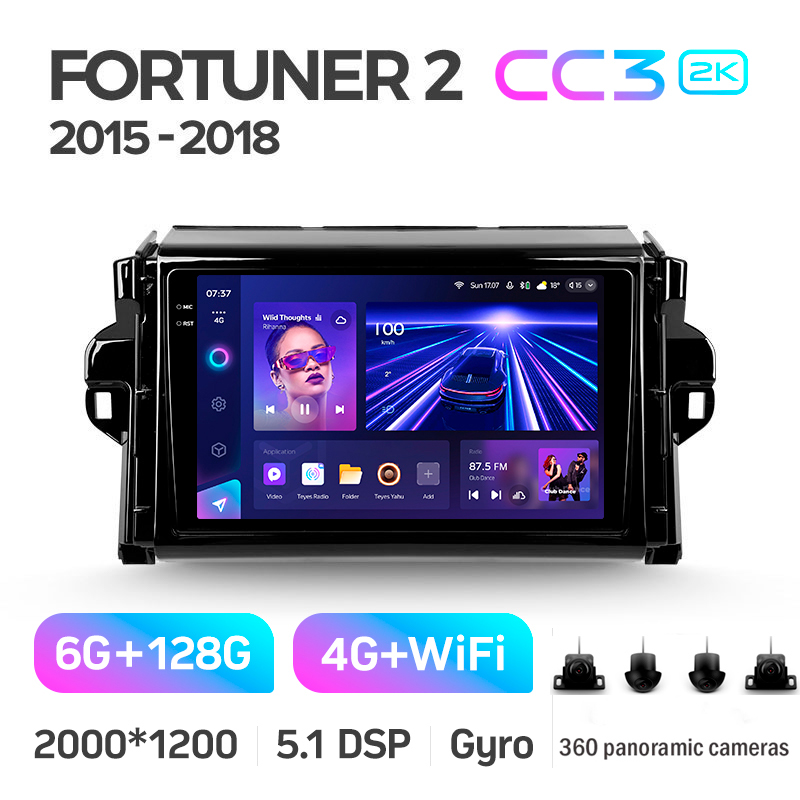Android head unit Teyes CC3 6+128 Gb with 360° surround view° Toyota Fortuner 2 2015-2018 9" 2k
