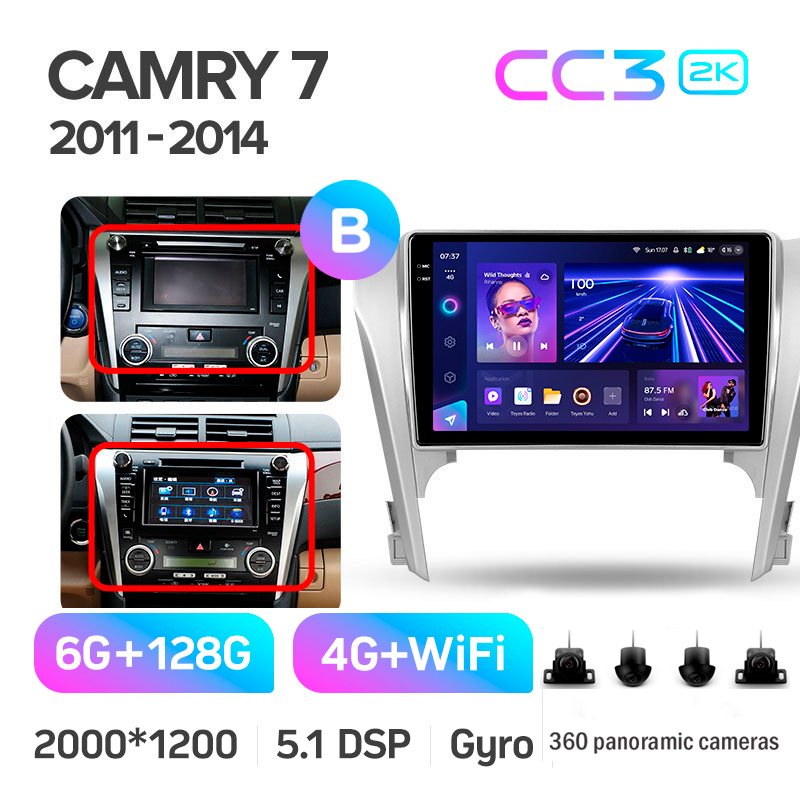 Android head unit Teyes CC3 6+128 Gb with 360° surround view° Toyota Camry 7 XV 50 55 2011-2014 (B) 10" 2k