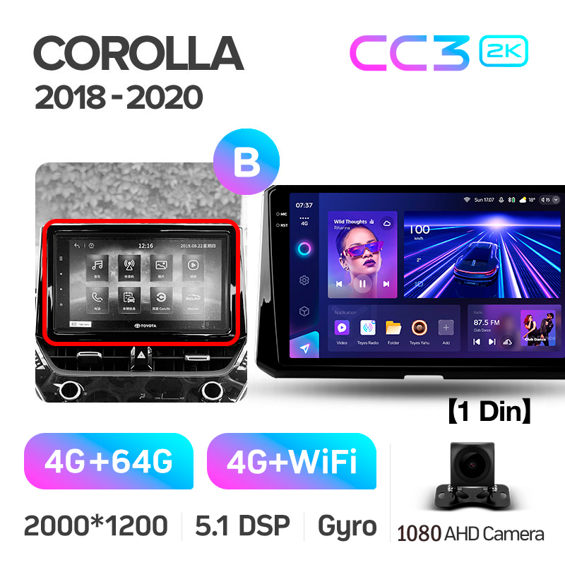 Android head unit Teyes CC3 4+64 Gb Toyota Corolla 12 (1 Din) 2018-2020 (B) 10" 1din 2k