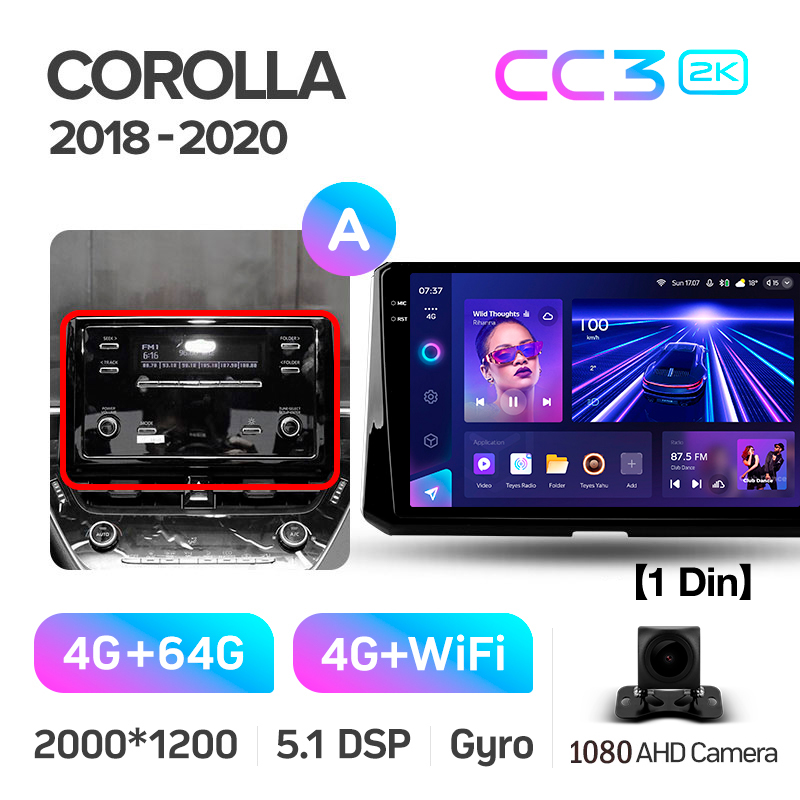 Android head unit Teyes CC3 4+64 Gb Toyota Corolla 12 (1 Din) 2018-2020 (A) 10" 1din 2k