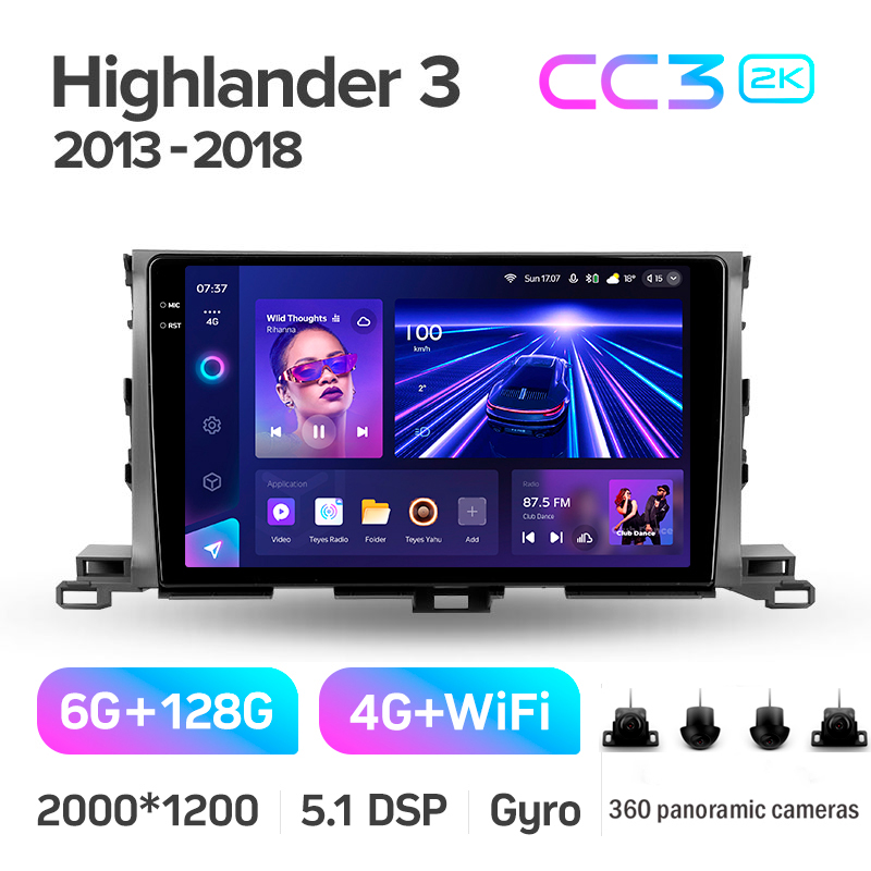 Android head unit Teyes CC3 6+128 Gb with 360° surround view° Toyota Highlander 3 XU50 2013-2018 10" 2k (L1)