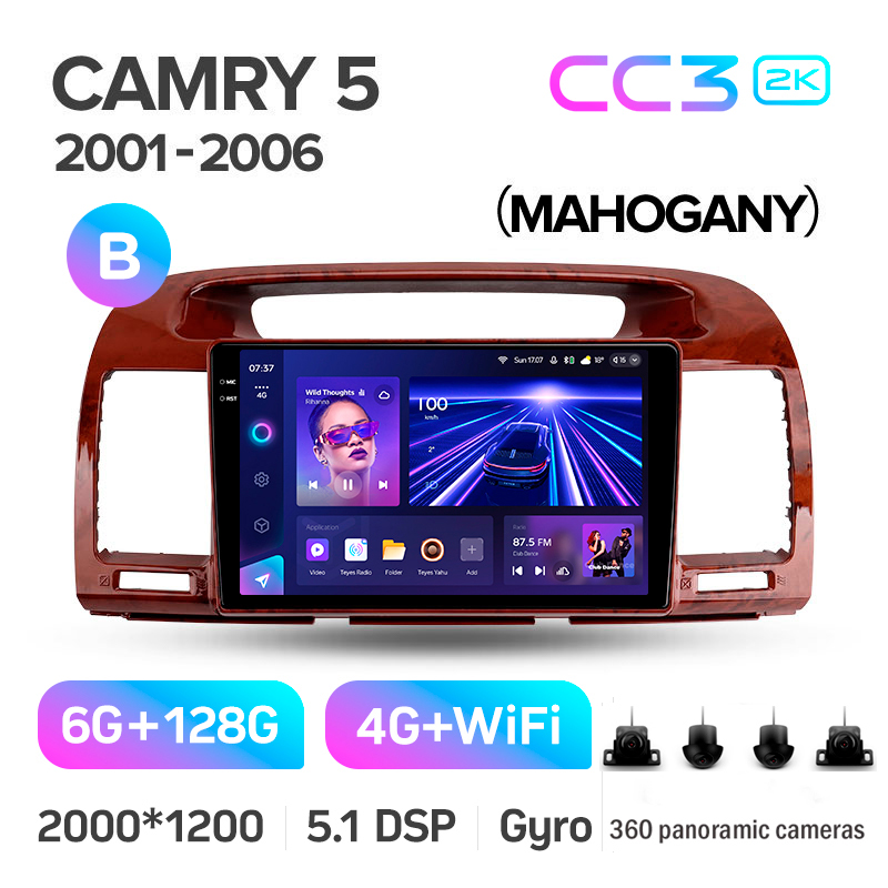 Android head unit Teyes CC3 6+128 Gb with 360° surround view° Toyota Camry 5 XV 30 2001-2006-B 9" 2k