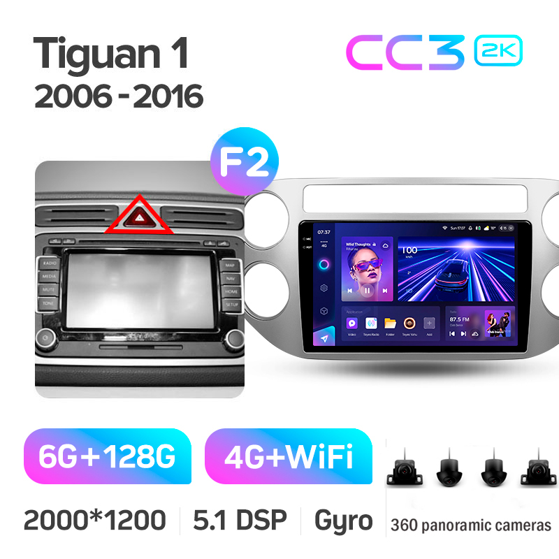 Android head unit Teyes CC3 6+128 Gb with 360° surround view° Volkswagen Tiguan 1 NF 2006-2017 (F2) 9" 2k
