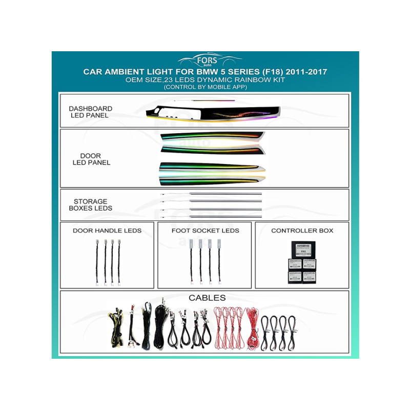 Ambient interior lighting FORS.auto for BMW 5 Series F18 2011-2017 (Dynamic Rainbow Kit)-23 LEDs