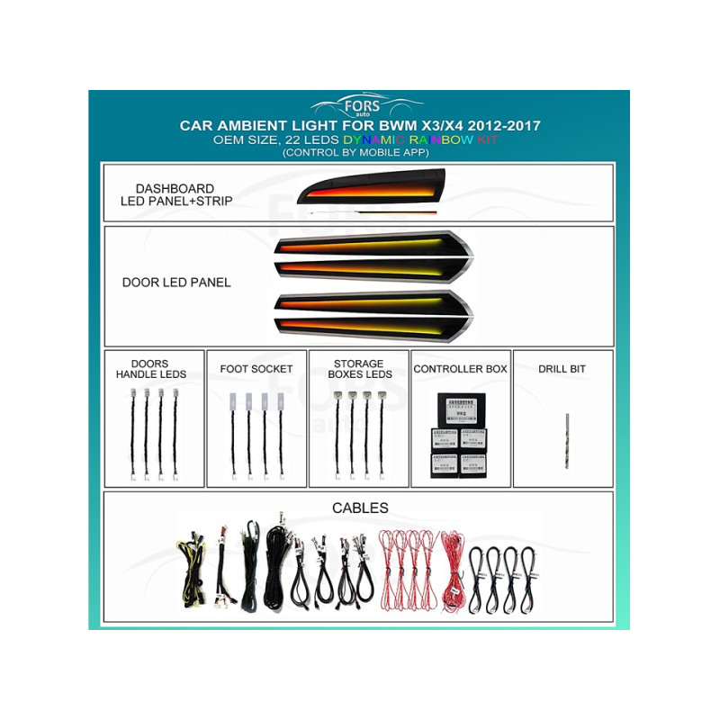 Ambient interior lighting FORS.auto for BMW X3/X4 2012-2017 (Dynamic Rainbow Kit)-22 LEDs
