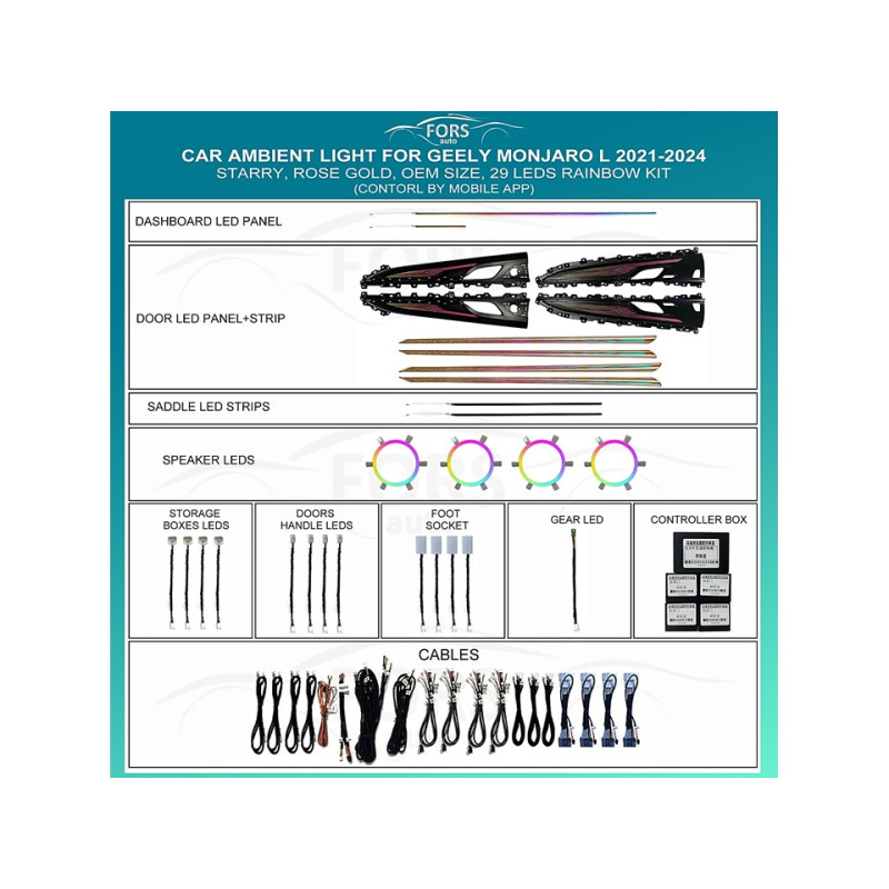 Ambient interior lighting FORS.auto for Geely Monjaro L 2021-2024 (Starry, Rose Gold)-29 LEDs