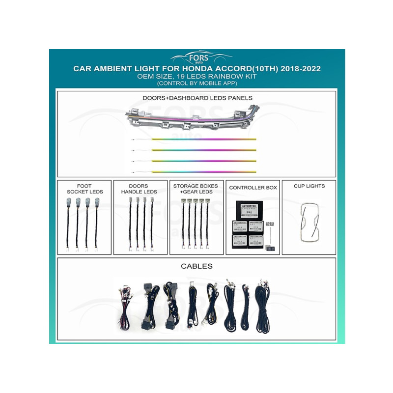 Ambient interior lighting FORS.auto for Honda Accord (10TH) 2018-2022 (Rainbow Kit)-19 LEDs