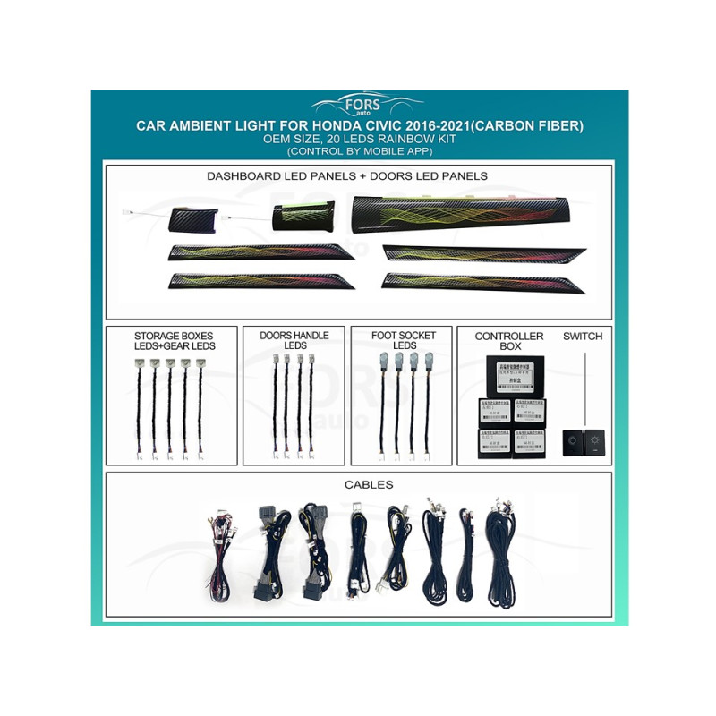 Ambient interior lighting FORS.auto for Honda Civic 2016-2021 (Carbon Fiber)-20 LEDs