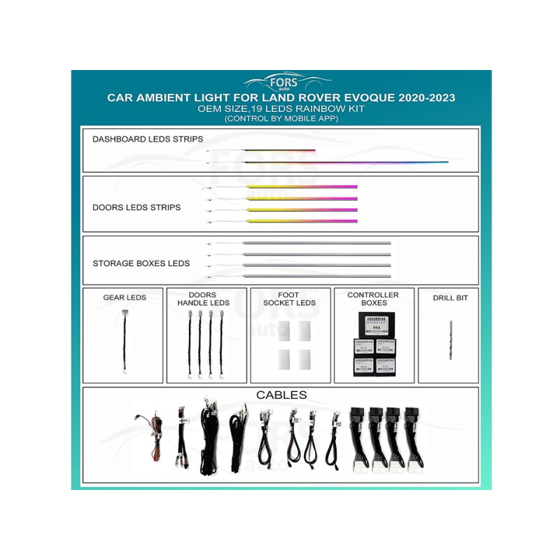 Ambient interior lighting FORS.auto for Land Rover Evoque 2020-2023 (Rainbow Kit)-19 LEDs