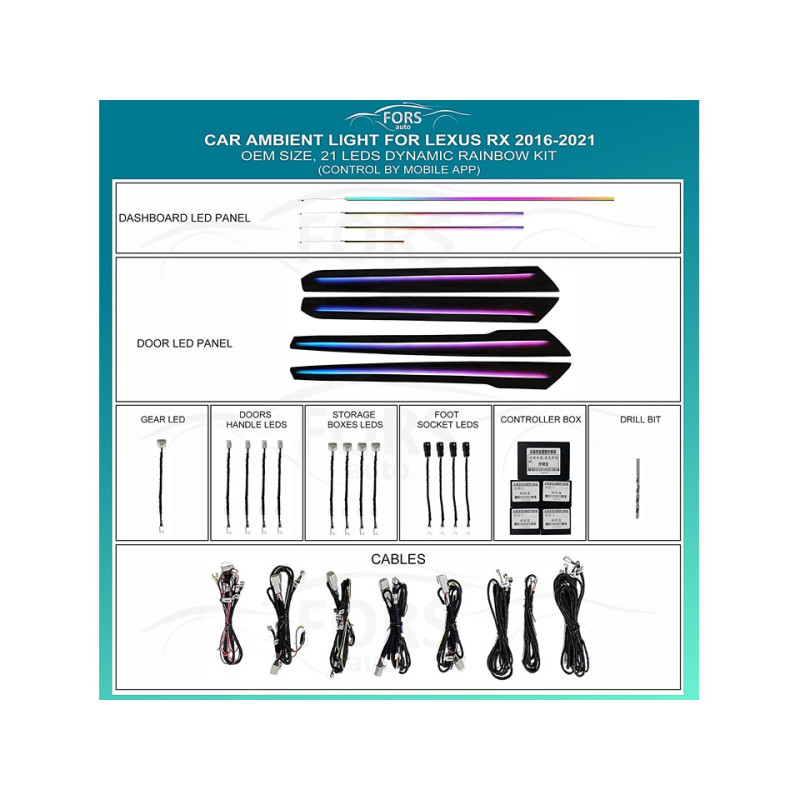 Ambient interior lighting FORS.auto for Lexus RX 2016-2021 (Dynamic Rainbow Kit)-21 LEDs
