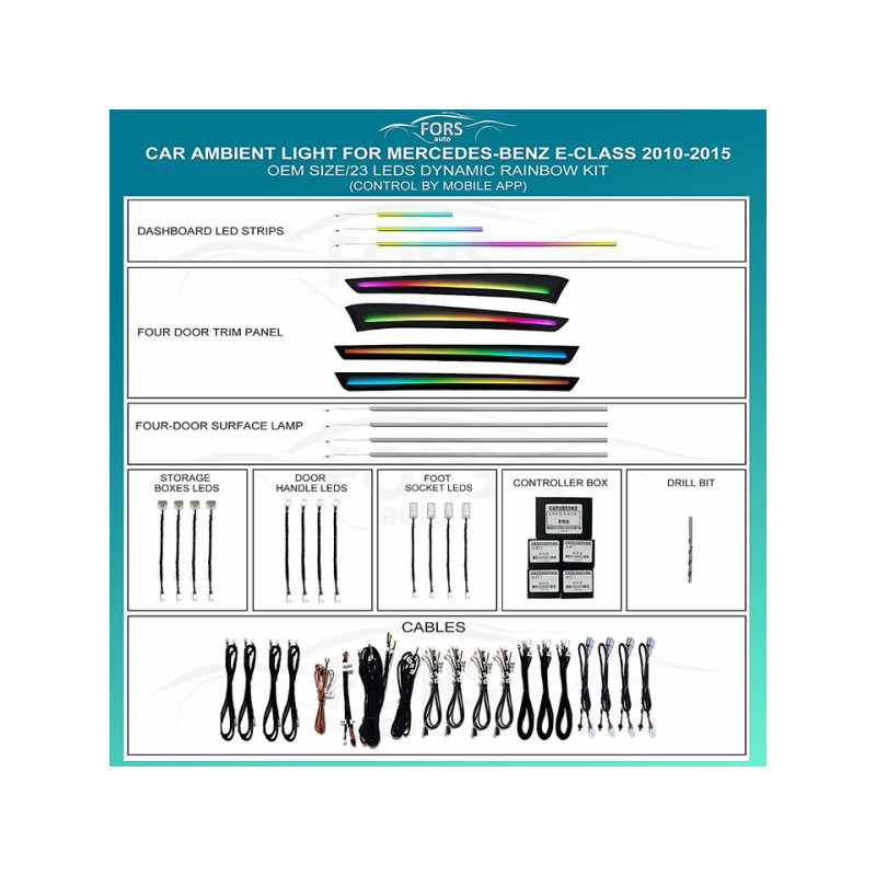 Ambient interior lighting FORS.auto for Mercedes-Benz E-Class 2010-2015 (Dynamic Rainbow Kit)-23 LEDs